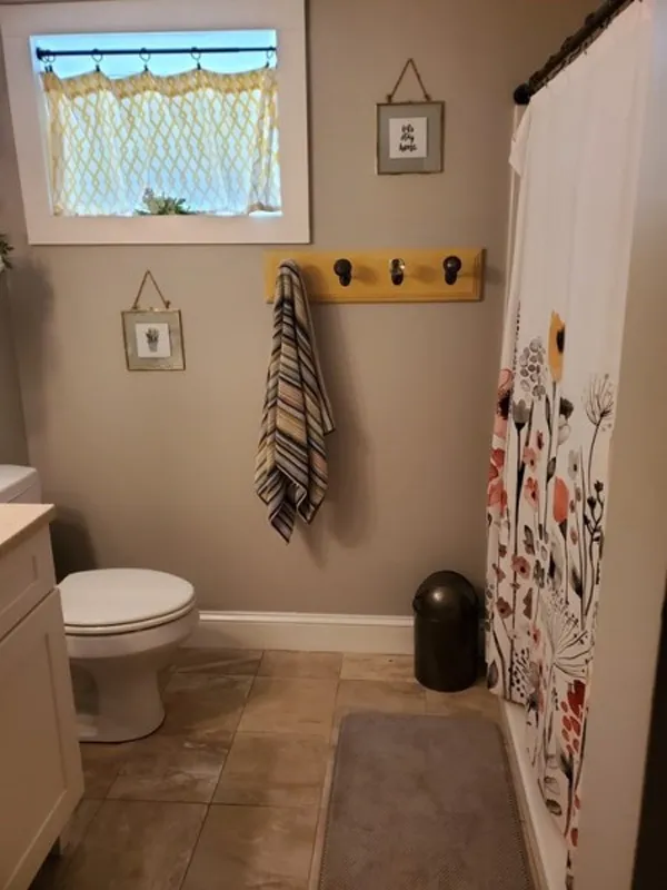 Small bathroom with a shower curtain, toilet, towel on hooks, and framed wall art.