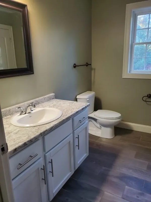 Bathroom with a white sink vanity, toilet, towel rack, and window on green walls.
