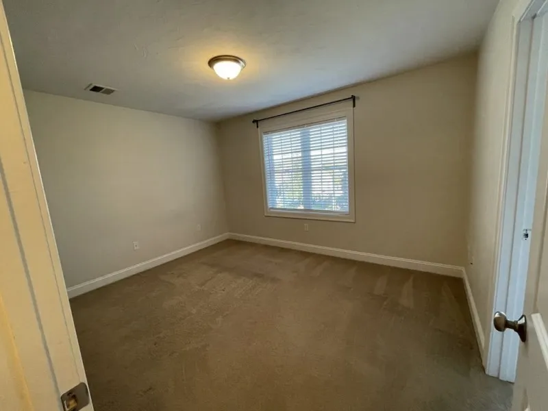 Empty beige carpeted bedroom with a window, white blinds, and a ceiling light.