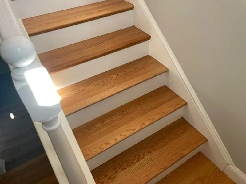 Wooden stairs with white risers and a white banister, leading upward indoors.