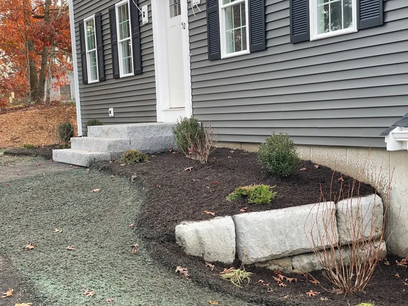 Freshly mulched garden bed with shrubs beside gray house and granite steps.