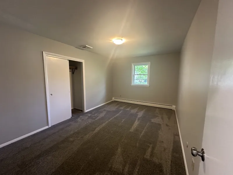 Empty bedroom with gray carpet, light gray walls, a closet, and a window with outside view.