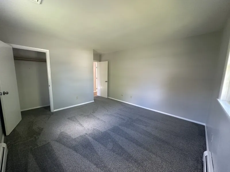 Empty bedroom with gray carpet, white walls, open closet, and sunlight from window.