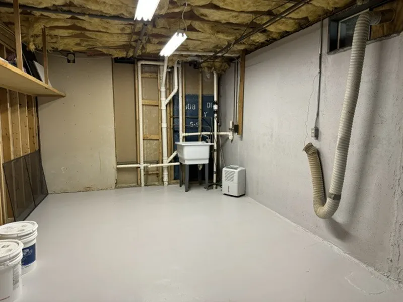 Unfinished basement with exposed ceiling, utility sink, pipes, shelves, and dehumidifier.
