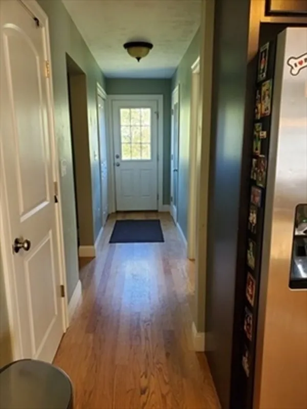 A hallway with wooden floor, white doors, and a mat in front of a back door with window.