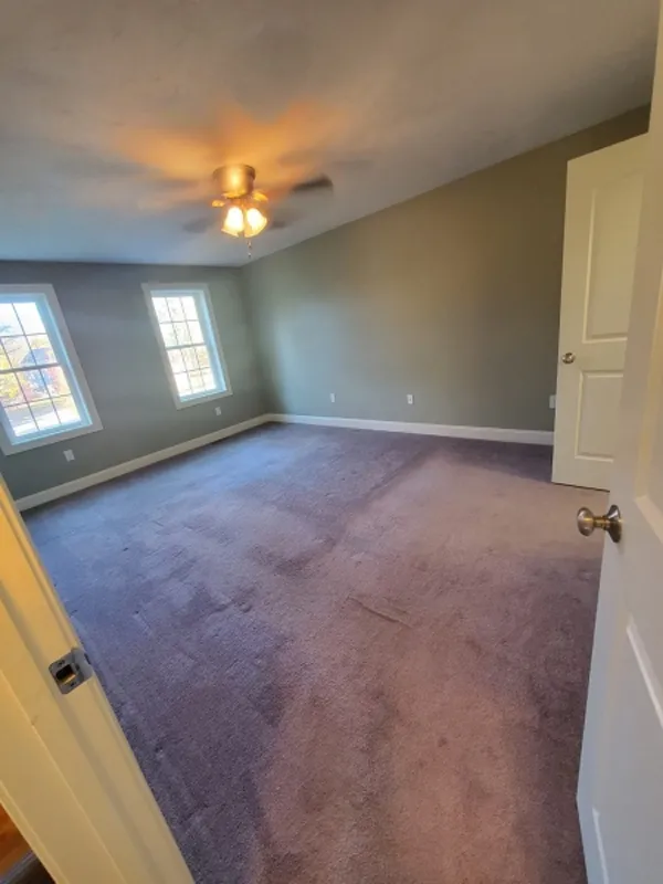 Empty bedroom with two windows, beige walls, ceiling fan, and purple carpet flooring.