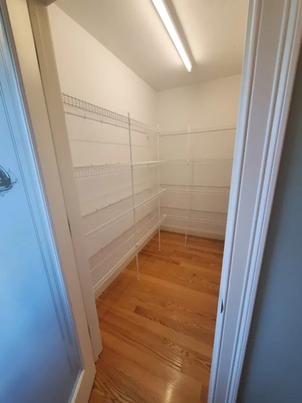 Empty walk-in pantry with wire shelves and wooden floor under bright ceiling light.