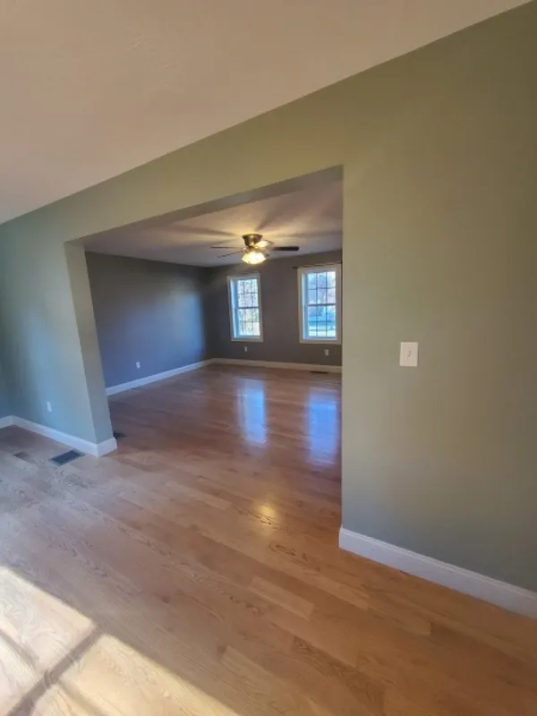 Empty room with light wood floors, green walls, ceiling fan, and two windows.