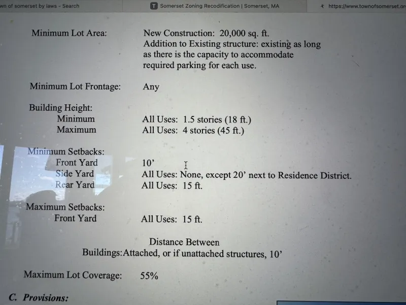 A zoning rules table showing area, building height, setbacks, and lot coverage percentages.