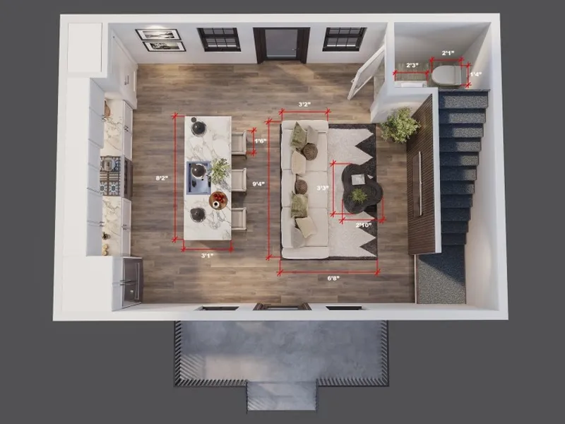 Top-down view of a living room layout with furniture and red measurement lines in feet.