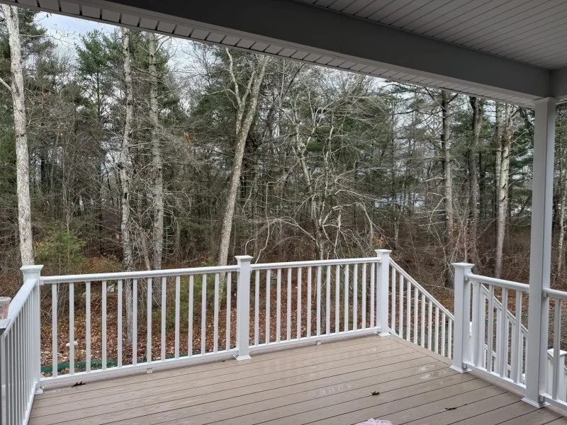 View from a covered porch with white railing, overlooking leafless trees and a forest.